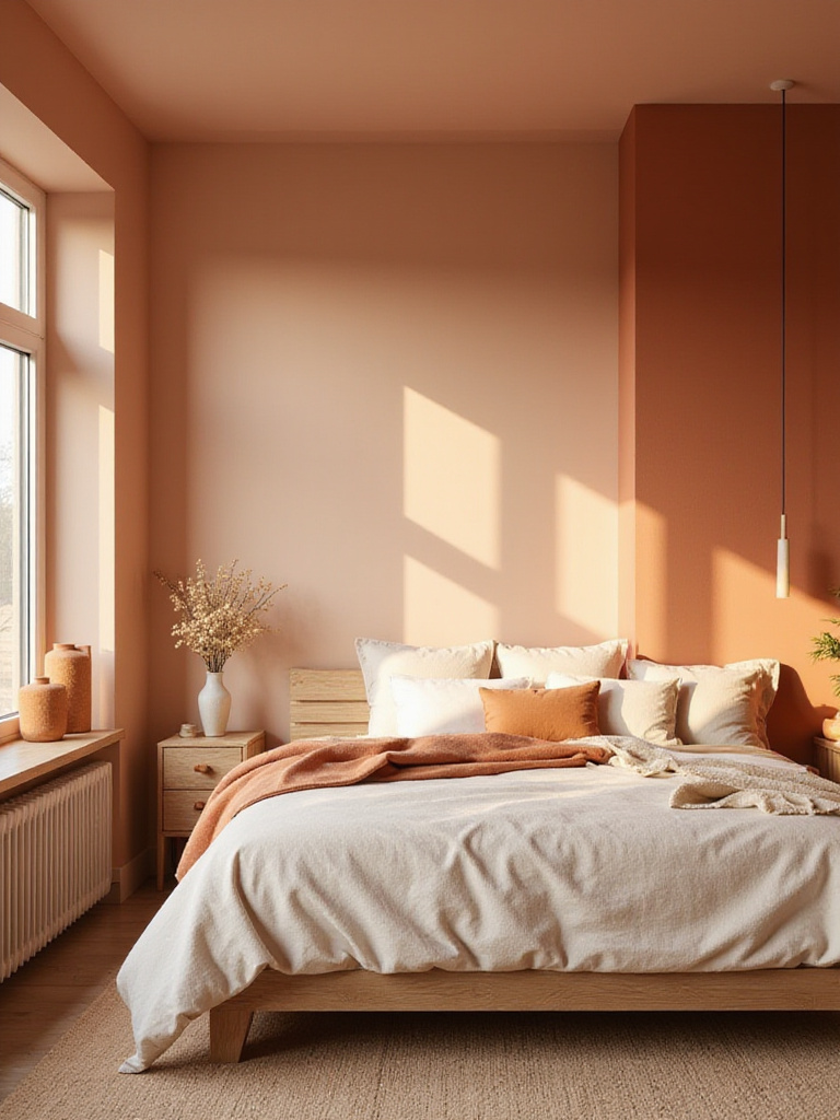 Cozy bedroom with warm paint tones in soft terracotta and creamy beige, natural wood furniture, and warm ambient lighting