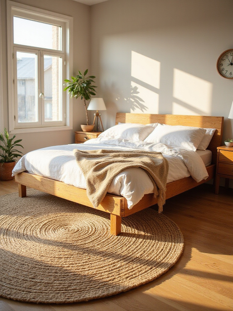 Rustic bedroom with a natural jute braided area rug under a wooden bed