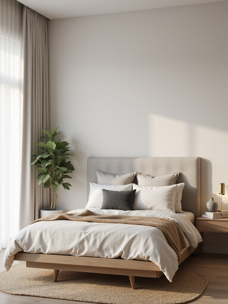 Modern bedroom portrait with layered neutral palette — linen bedding, warm gray headboard, oak furniture, jute rug, and soft warm lighting