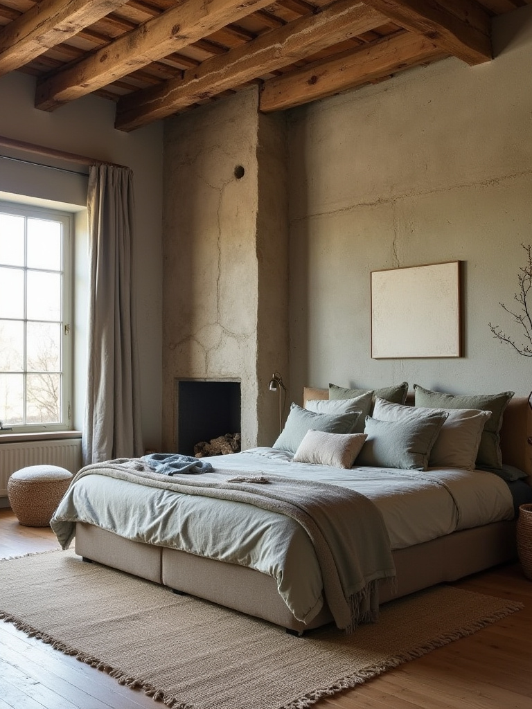 Portrait interior of a rustic bedroom in earthy muted tones with exposed wood beams, stone fireplace, and layered textiles in taupe, sage, and soft gray.