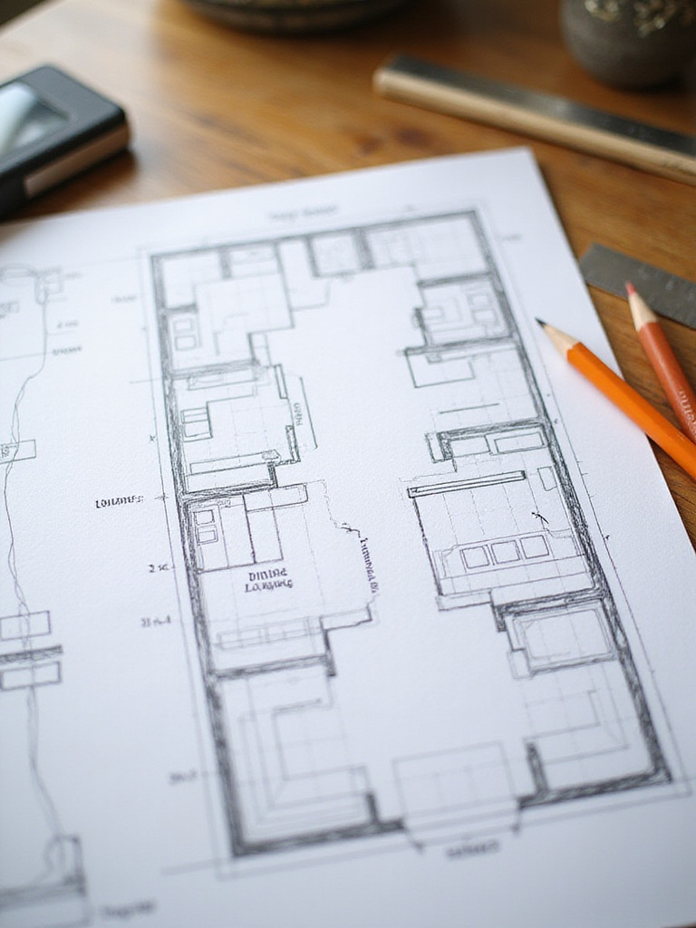 Top-down view of a detailed backyard patio layout sketch on graph paper illustrating zones and traffic flow