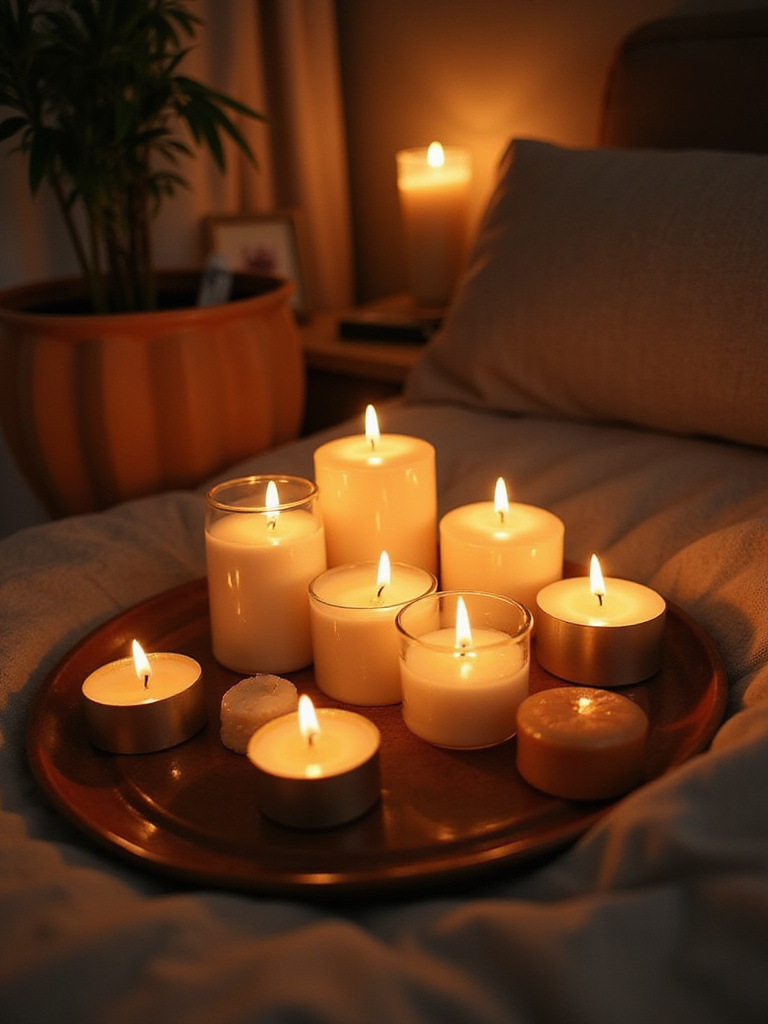 Cluster of different sized lit candles on a ceramic tray creating warm flickering ambiance in a cozy bedroom corner