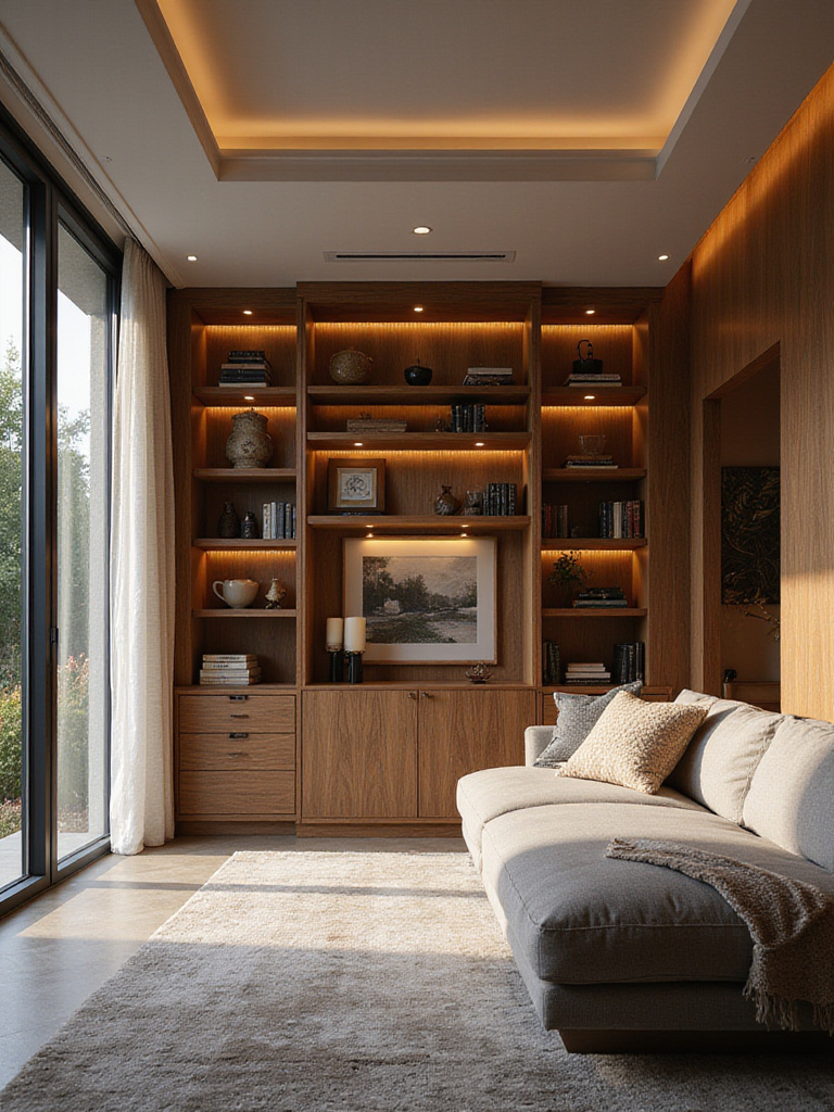 Luxurious living room with custom bespoke built-in cabinetry featuring warm wood tones and integrated lighting for seamless organization