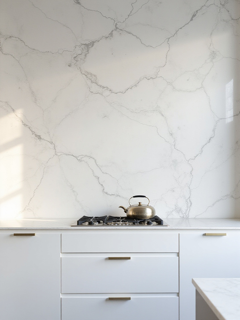 Portrait image of a kitchen backsplash made from polished natural stone with unique veining and patterns behind a modern cooktop