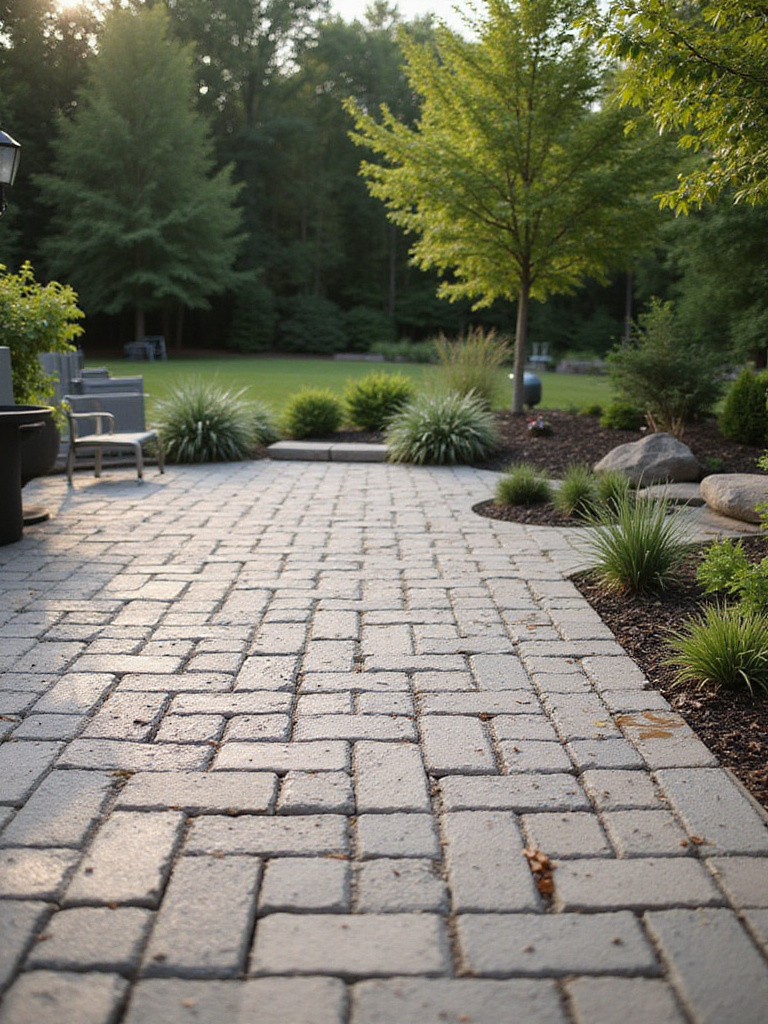 Backyard patio with permeable pavers featuring eco-friendly drainage design and natural surroundings