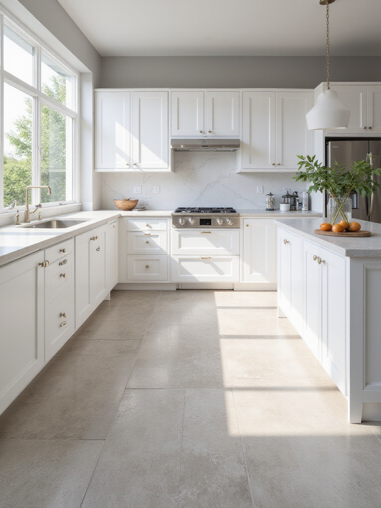 Portrait kitchen scene highlighting easy-clean, low-maintenance porcelain tiles with minimal grout lines and clean surfaces