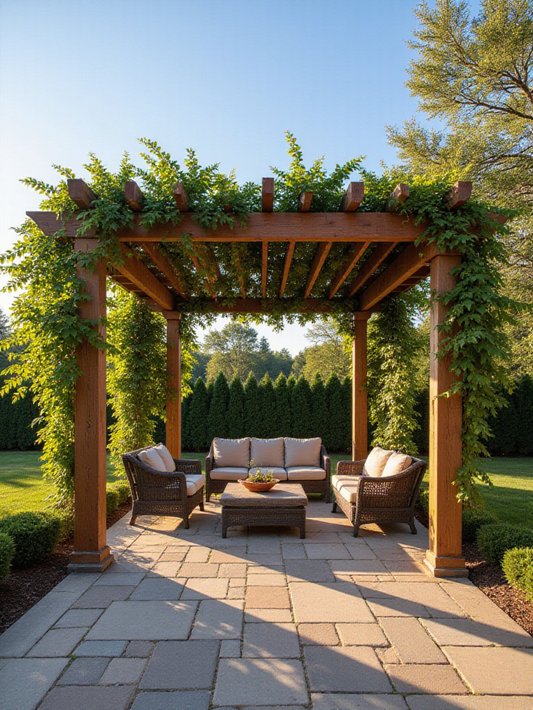 Wooden pergola with climbing plants providing shaded backyard patio during golden hour