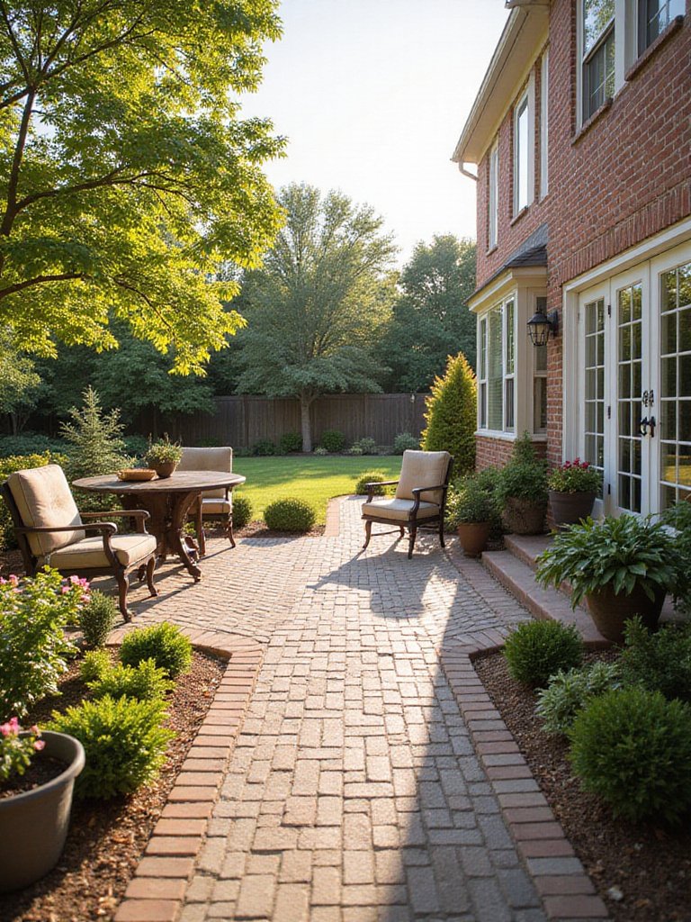 Backyard patio with cohesive design style that matches home's architecture, showcasing seamless integration and elegant outdoor furniture