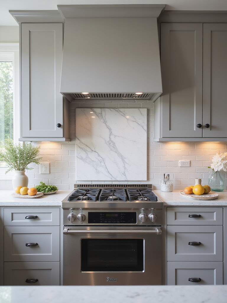 Modern kitchen with a Calacatta marble behind-range accent backsplash creating a focal point above the cooktop