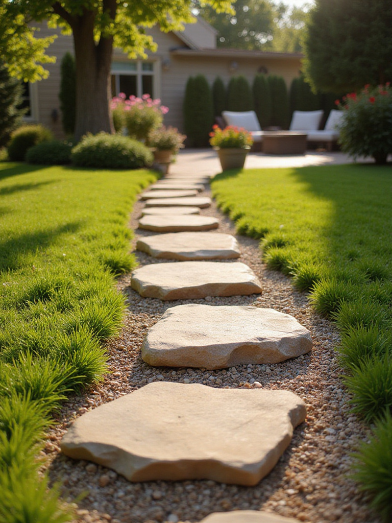 Backyard patio with natural flagstone stepping stones creating a visually appealing and defined pathway surrounded by greenery