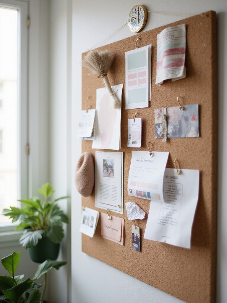 Well-organized bedroom makeover mood board with paint swatches, fabric samples, and inspirational images on a cork board in natural light
