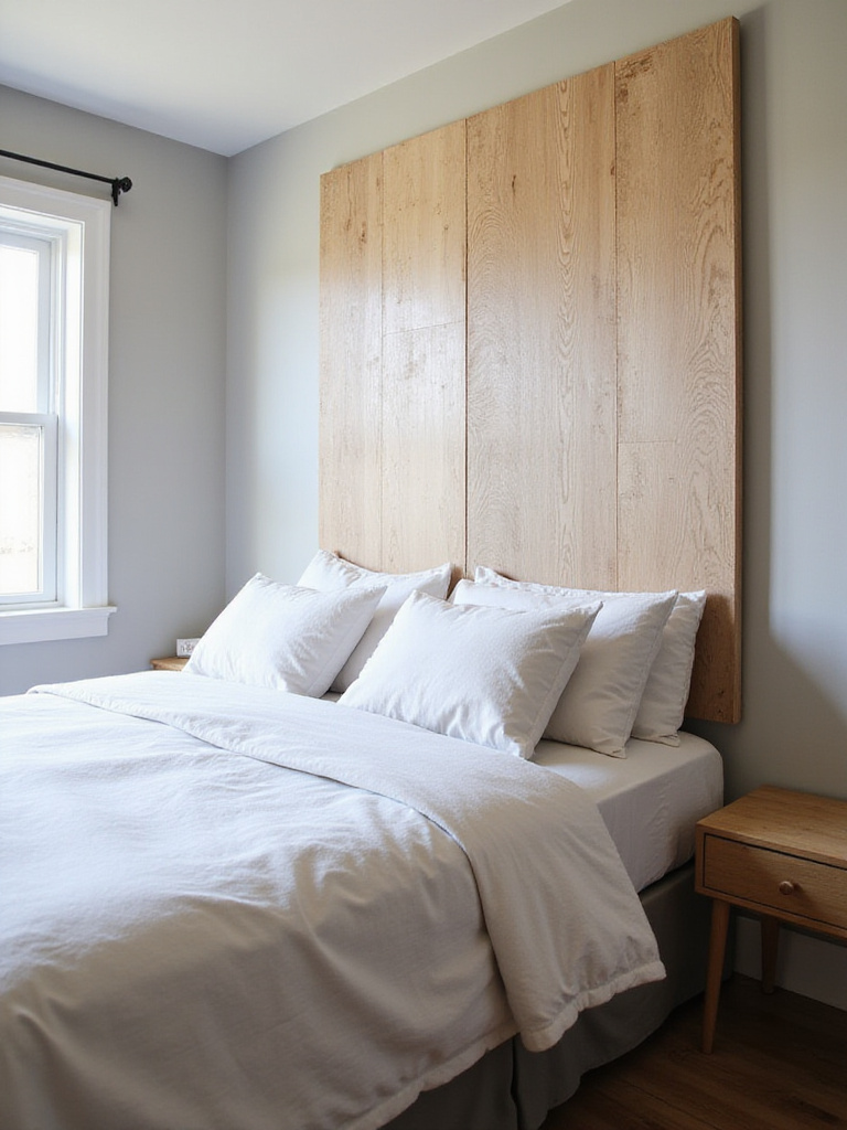 Bedroom with a statement headboard made from inexpensive materials, featuring a custom painted plywood design behind a neatly made bed