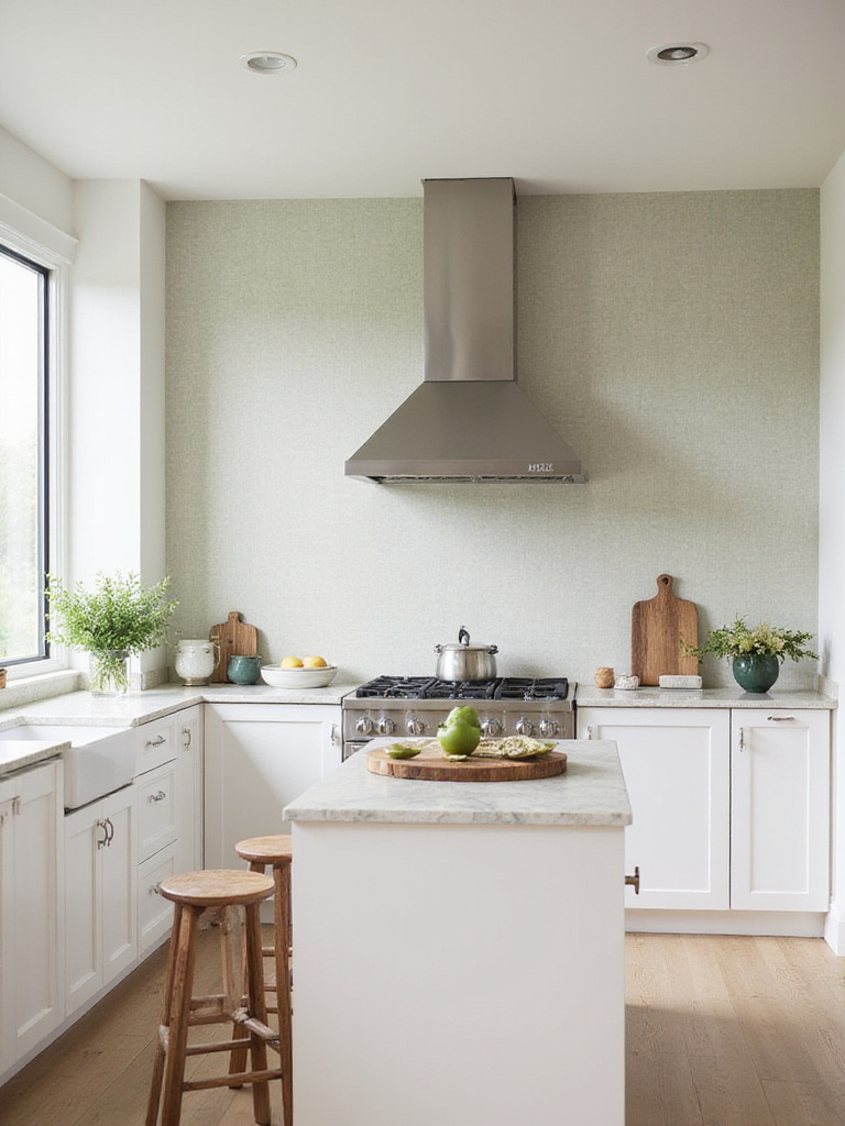 Modern kitchen with accent-wall wallpaper behind island and hood