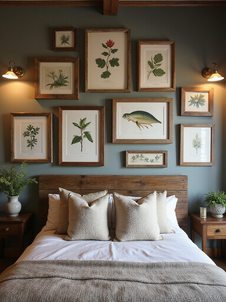 Rustic bedroom wall with a curated gallery of framed vintage nature prints above a reclaimed wood headboard, warm ambient lighting.