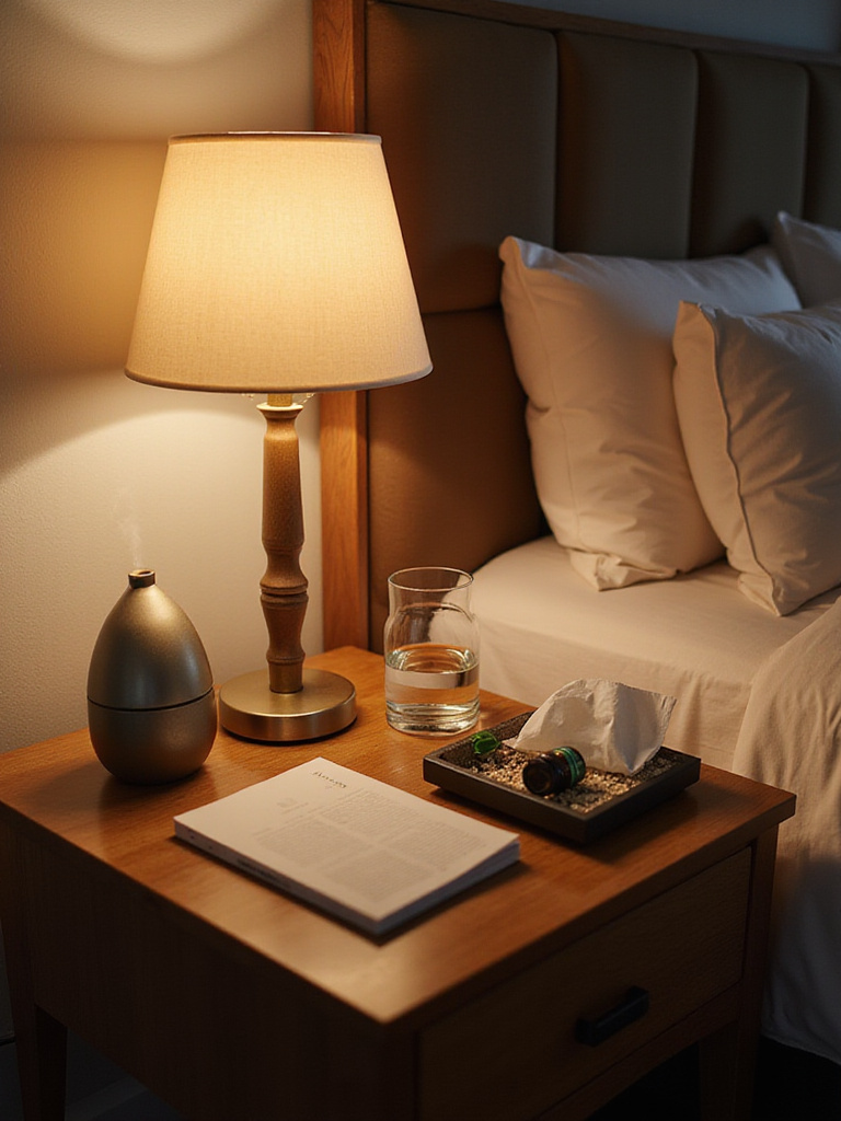 Cozy bedside table setup with lamp, water carafe, essential oil diffuser, and charging station in warm lighting