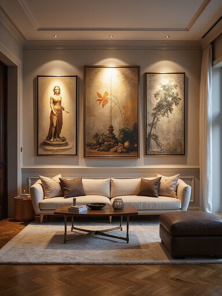 Luxurious living room with a curated gallery-quality art collection displayed on an accent wall with professional lighting