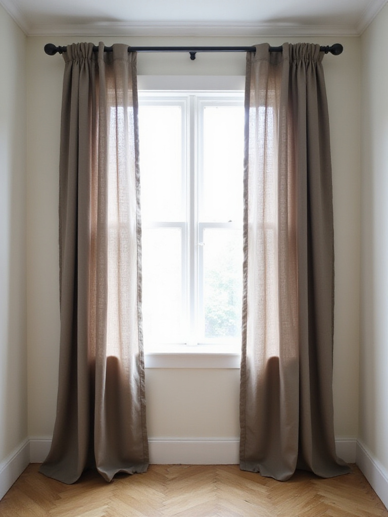 Minimalist bedroom window with DIY blackout curtains hung on a sleek black rod, showcasing privacy and style control