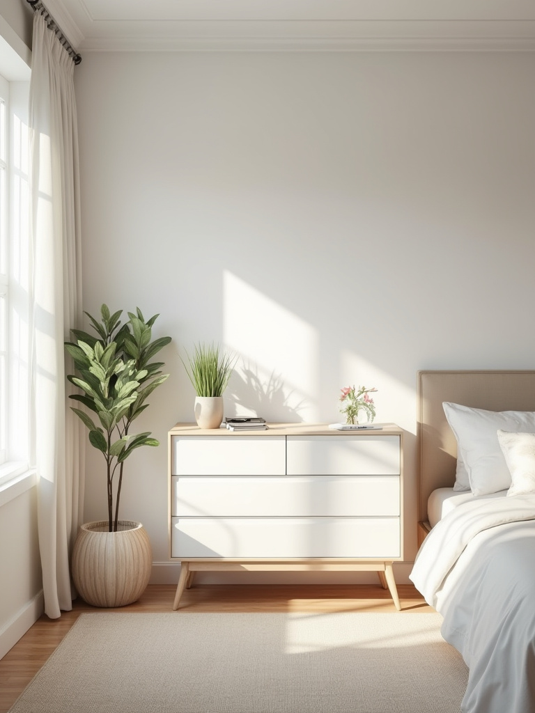 Minimalist decluttered bedroom corner with organized dresser and natural lighting