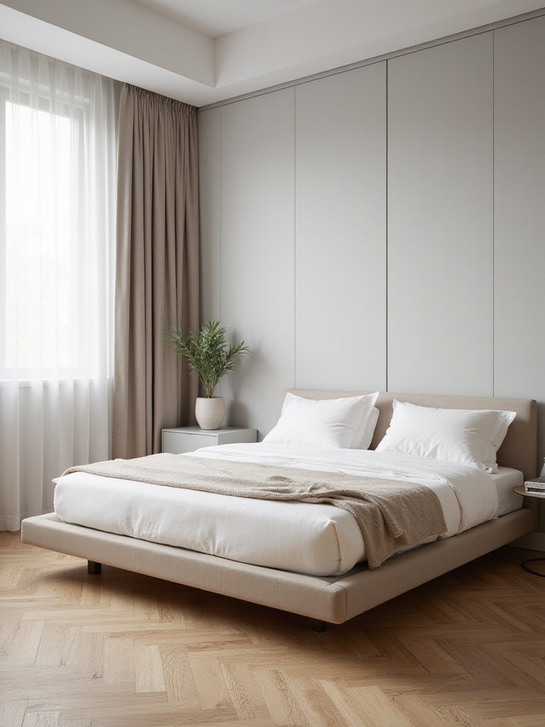Minimal modern bedroom after decluttering with platform bed, floating nightstand, and open floor space