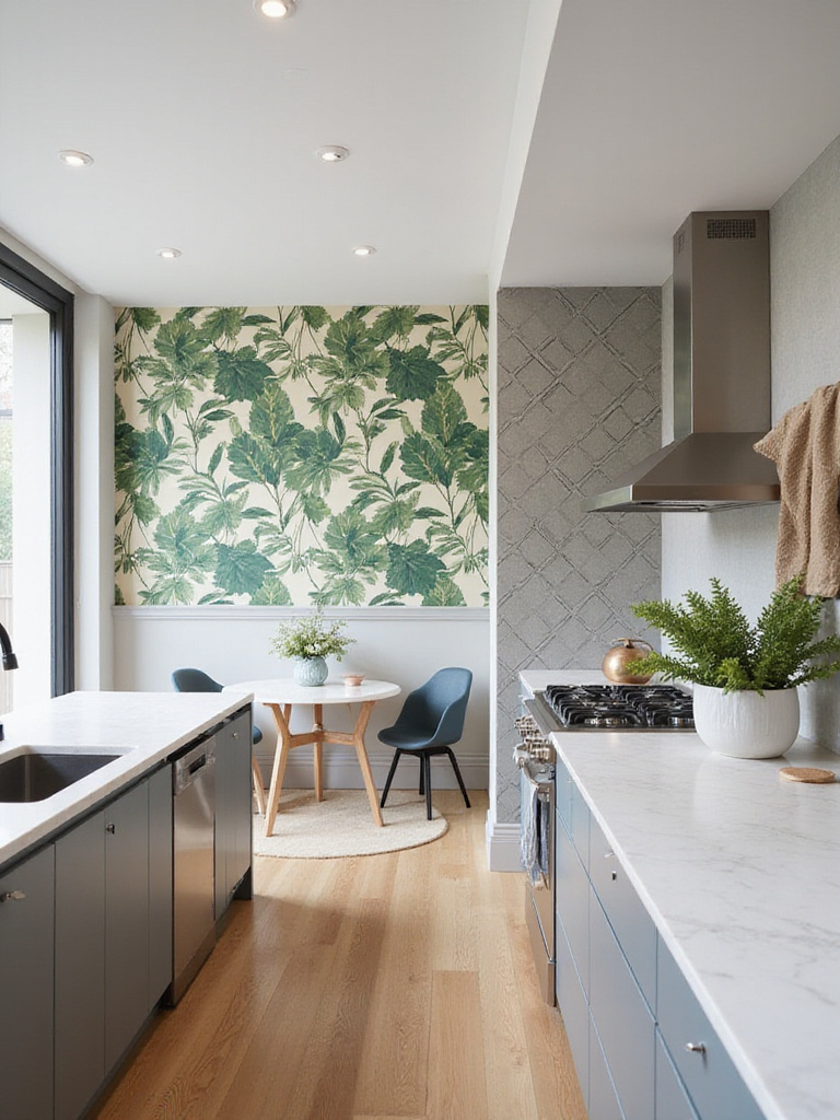 Vertical view of a modern open-concept kitchen showing wallpaper breaks that define cooking, dining, and seating zones; no people.