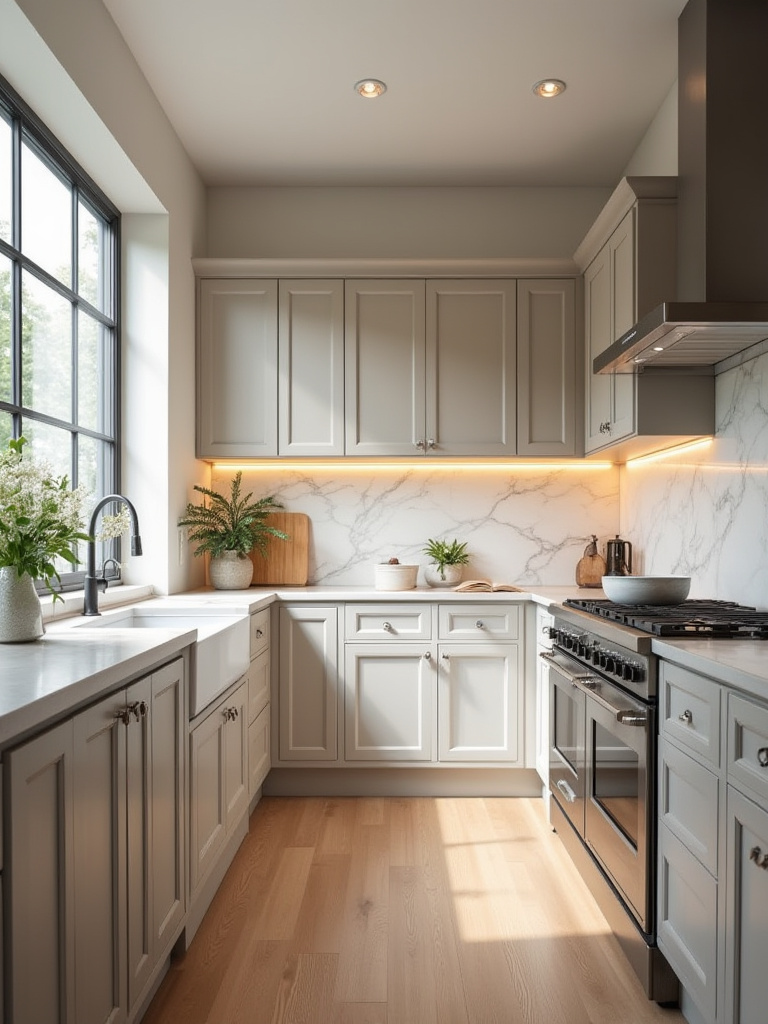 Portrait image of a modern kitchen showing a well-coordinated backsplash and cabinetry design without people