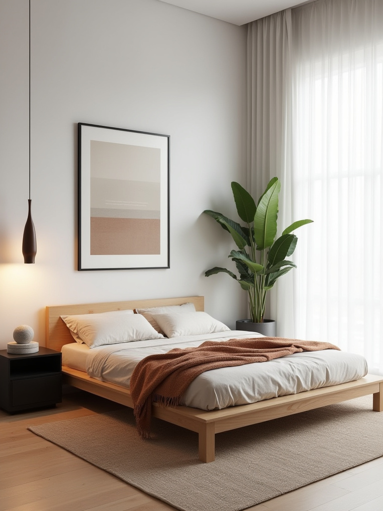 Vertical photo of a minimalist modern bedroom with light oak platform bed, neutral linens, textured rug, matte black accents and warm pendant light, illustrating a cohesive modern aesthetic