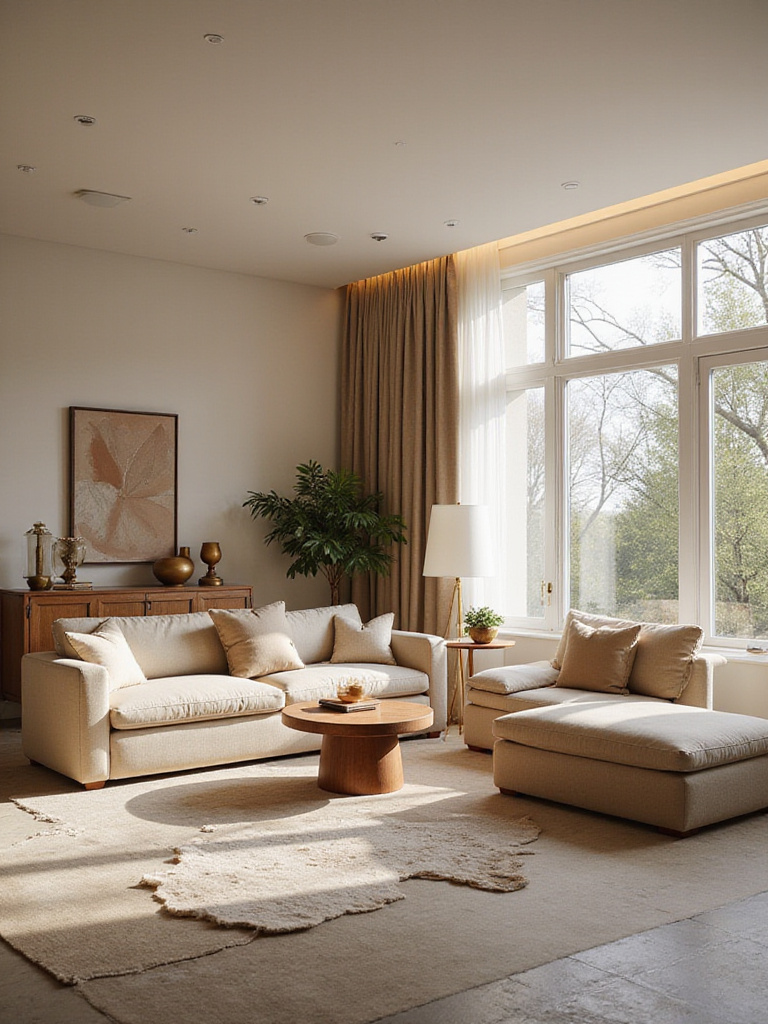 Luxurious living room interior showcasing a cohesive personal design philosophy with bespoke furniture and warm minimalist style