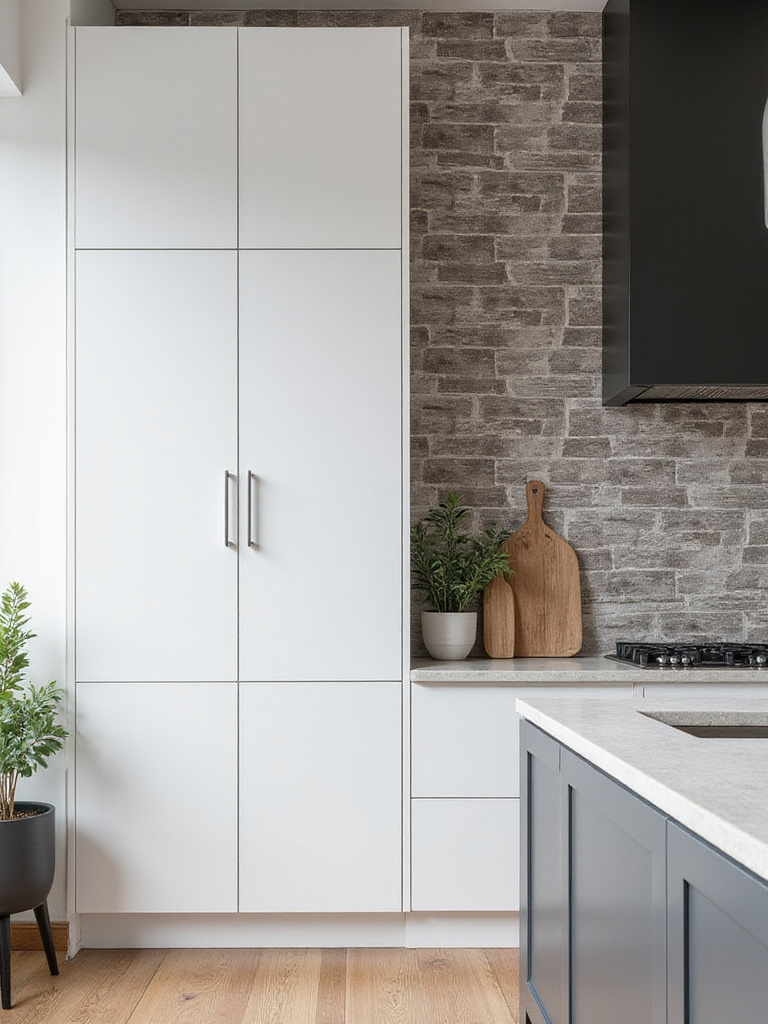 Portrait-oriented kitchen display wall showing minimalist and industrial chic wallpaper textures