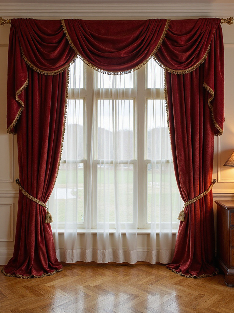 Luxurious living room with custom floor-to-ceiling silk velvet window treatments on tall windows