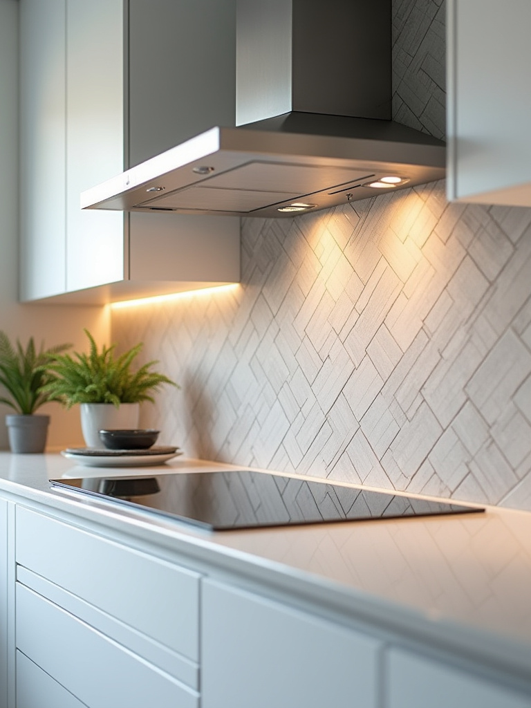 Vertical photo of a modern kitchen backsplash featuring a dynamic herringbone tile layout behind a white countertop and cabinets, with soft daylight.