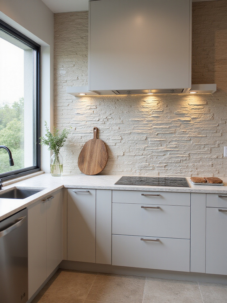 Portrait view of a modern kitchen with a high-impact textured backsplash as the focal wall.