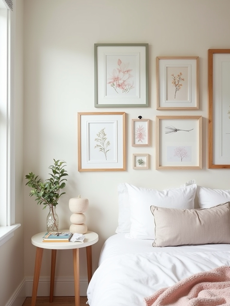 Stylish bedroom gallery wall with a mix of printable art and painted thrifty frames in a pastel color palette
