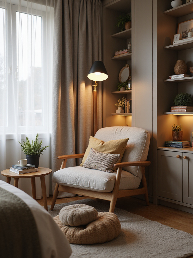 Portrait photo of a serene reading nook in a modern bedroom corner with a plush chair, warm floor lamp, layered textiles, and indoor plant