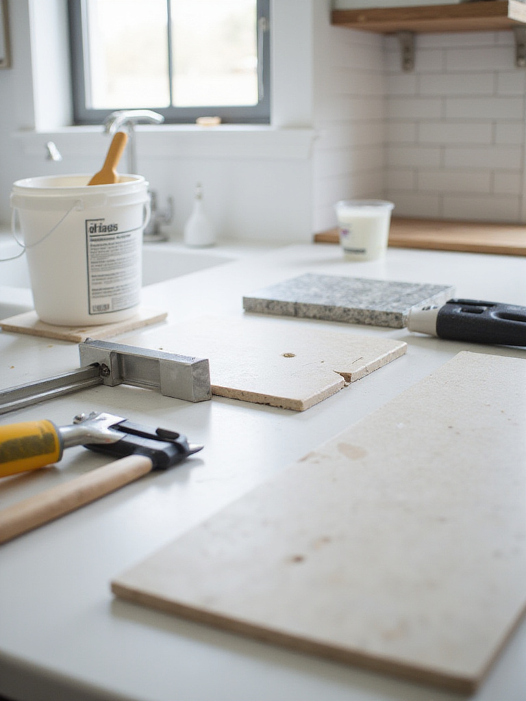 Workspace with DIY tiling tools and partially installed kitchen backsplash under natural soft lighting