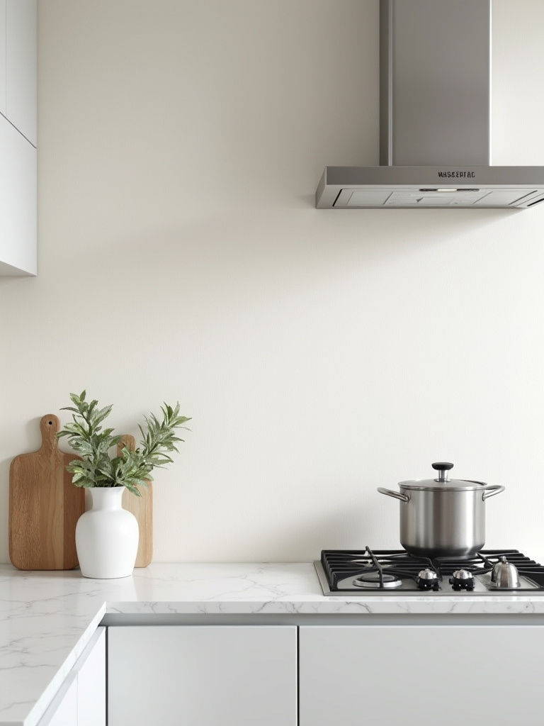 Close-up portrait-oriented view of a modern kitchen wall with durable wallpaper, showing texture and gloss without text or people.