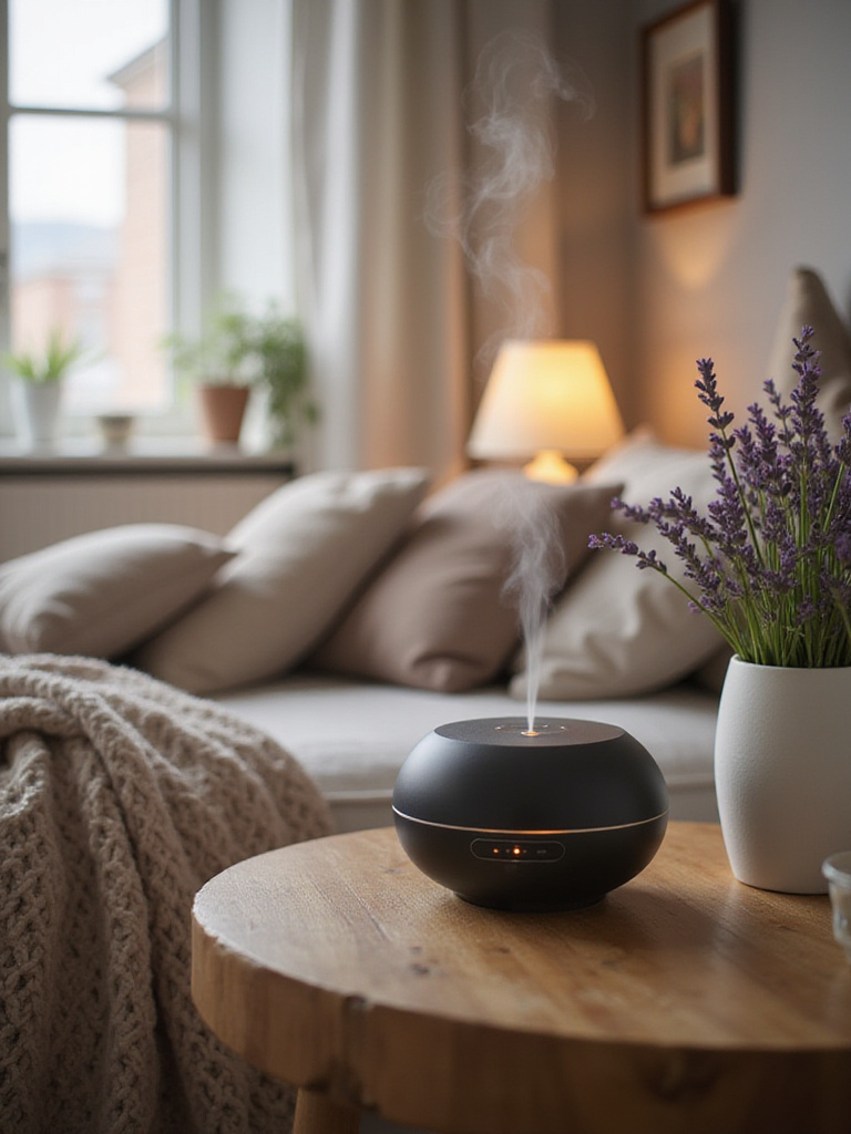 Ultrasonic essential oil diffuser emitting mist on bedside table with lavender sprigs and warm lamp in cozy bedroom