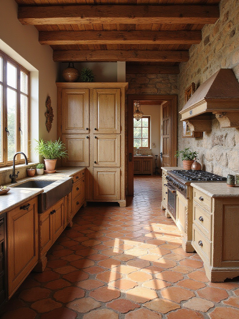 Portrait kitchen scene highlighting terracotta tile floor, rustic wood cabinets, and warm Mediterranean lighting