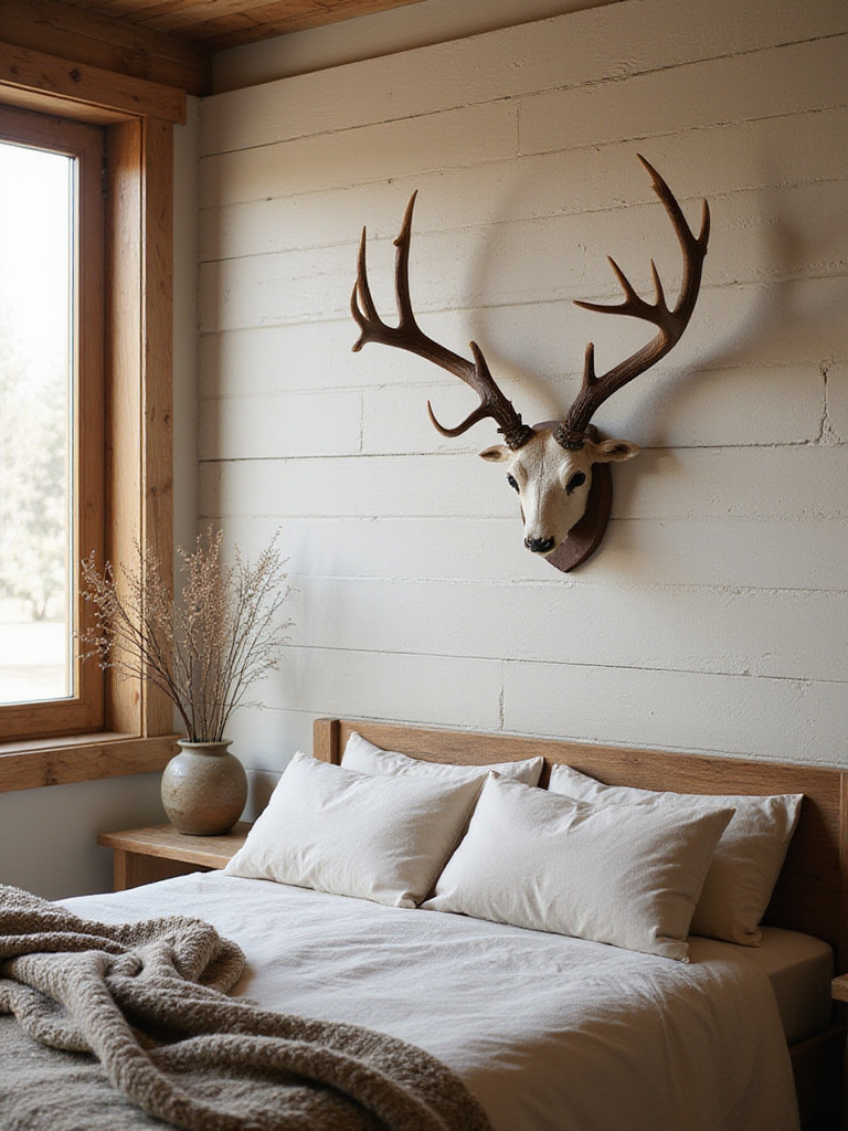 Vertical rustic bedroom with a large antler wall display above the bed, warm neutrals and natural textures