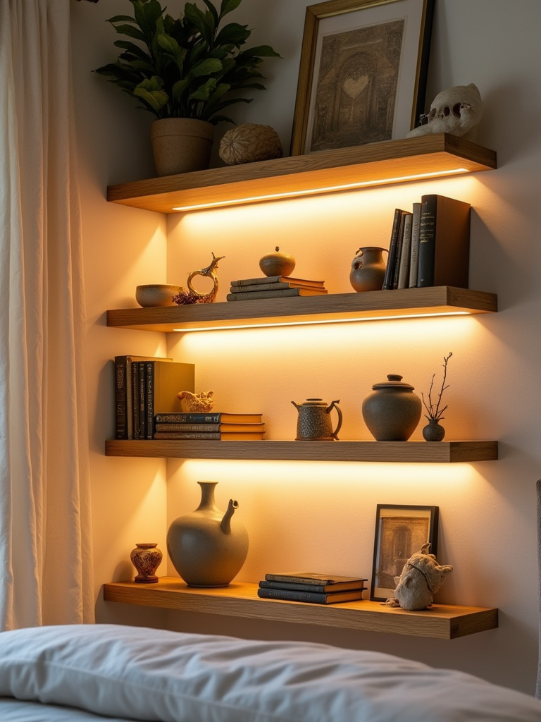 Cozy bedroom corner with dedicated floating shelves displaying cherished collectibles under warm LED lighting