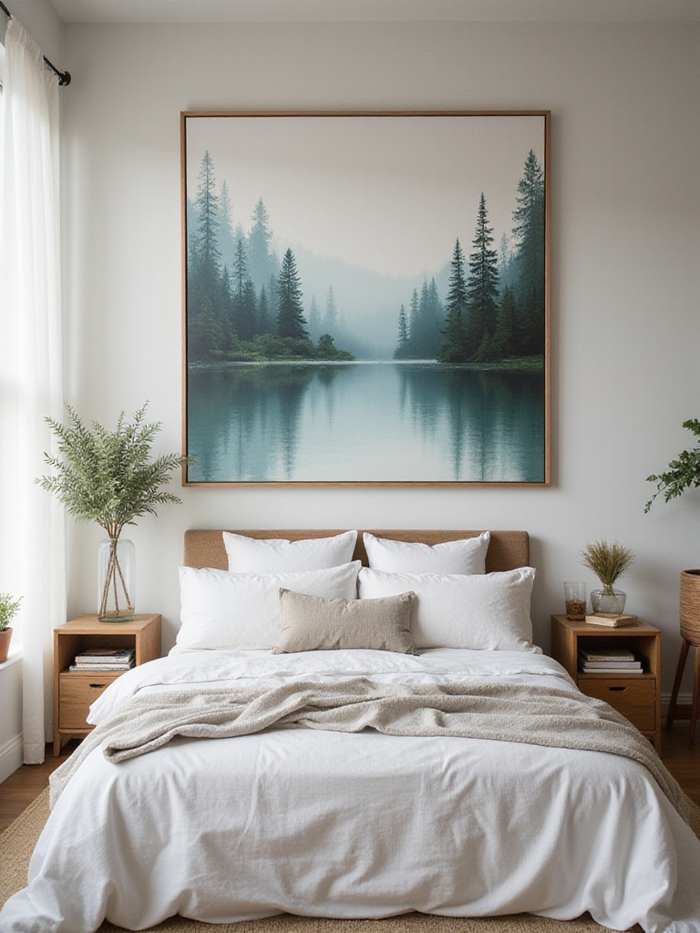 Cozy bedroom featuring curated calming nature artwork above bed with soft natural lighting