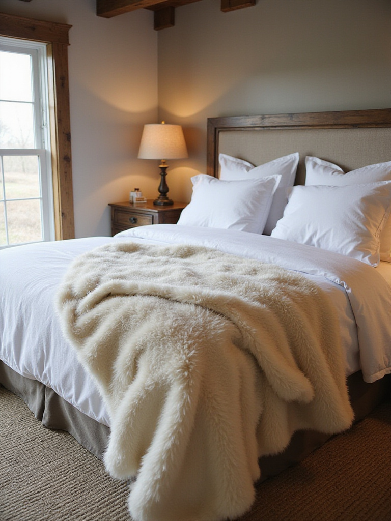 Rustic bedroom with a cream faux fur throw draped artfully at the foot of the bed, warm lighting