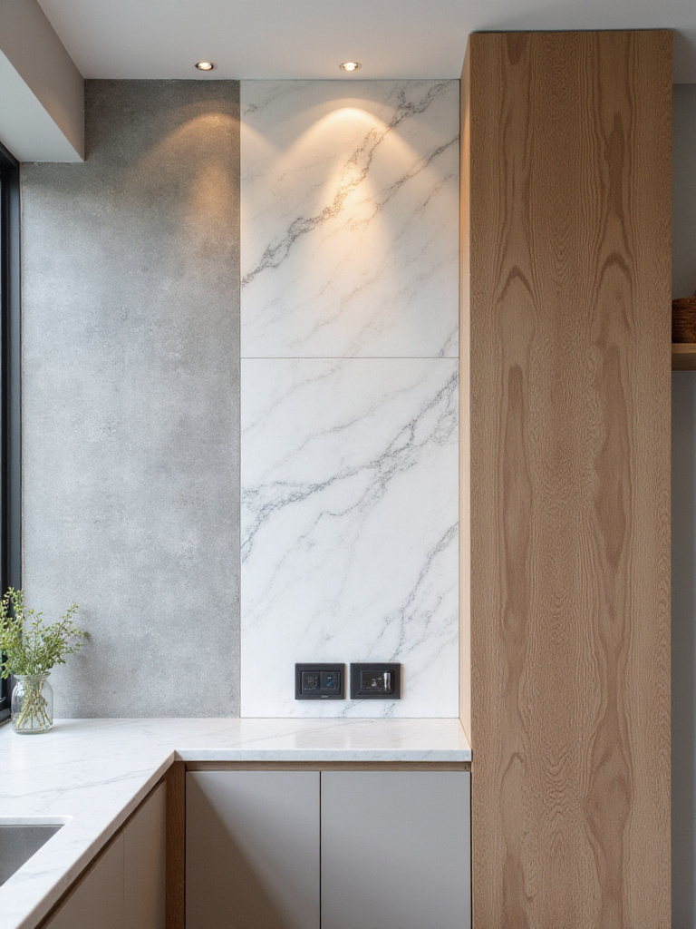 Vertical shot of a modern kitchen feature wall with faux concrete, marble, and wood grain textures for depth