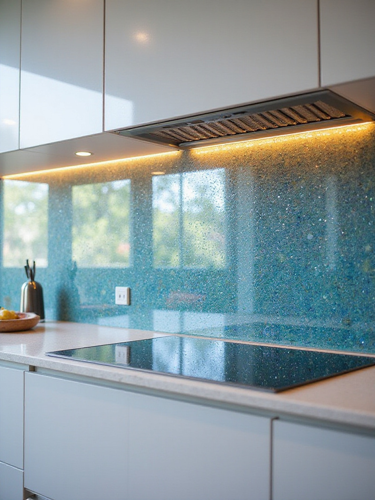Modern kitchen backsplash featuring vibrant, iridescent glass tiles reflecting light