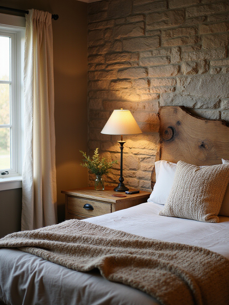 Portrait-style interior of a rustic bedroom corner highlighting reclaimed wood and patina with warm lighting