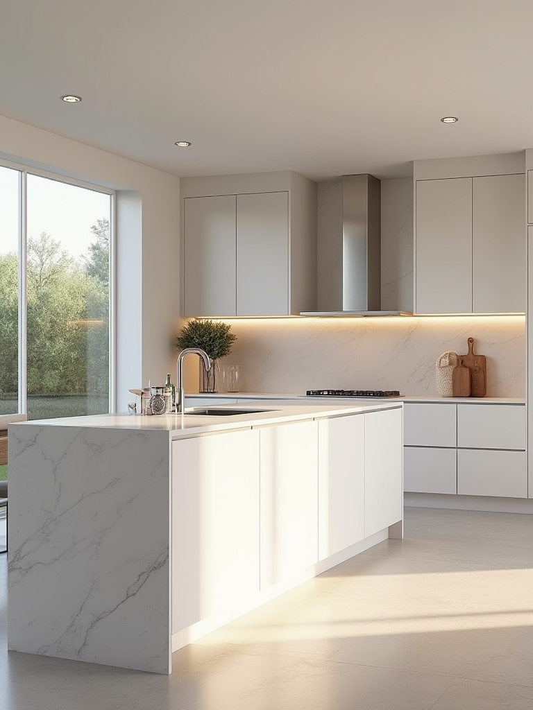 Portrait view of a modern kitchen with seamless integrated materials, handle-less cabinetry, and panel-ready appliances in a cohesive space.