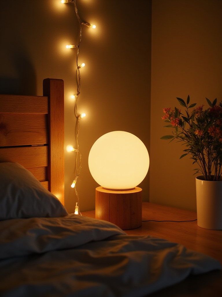 Cozy bedroom corner illuminated by a warm table lamp and string lights creating inviting ambiance