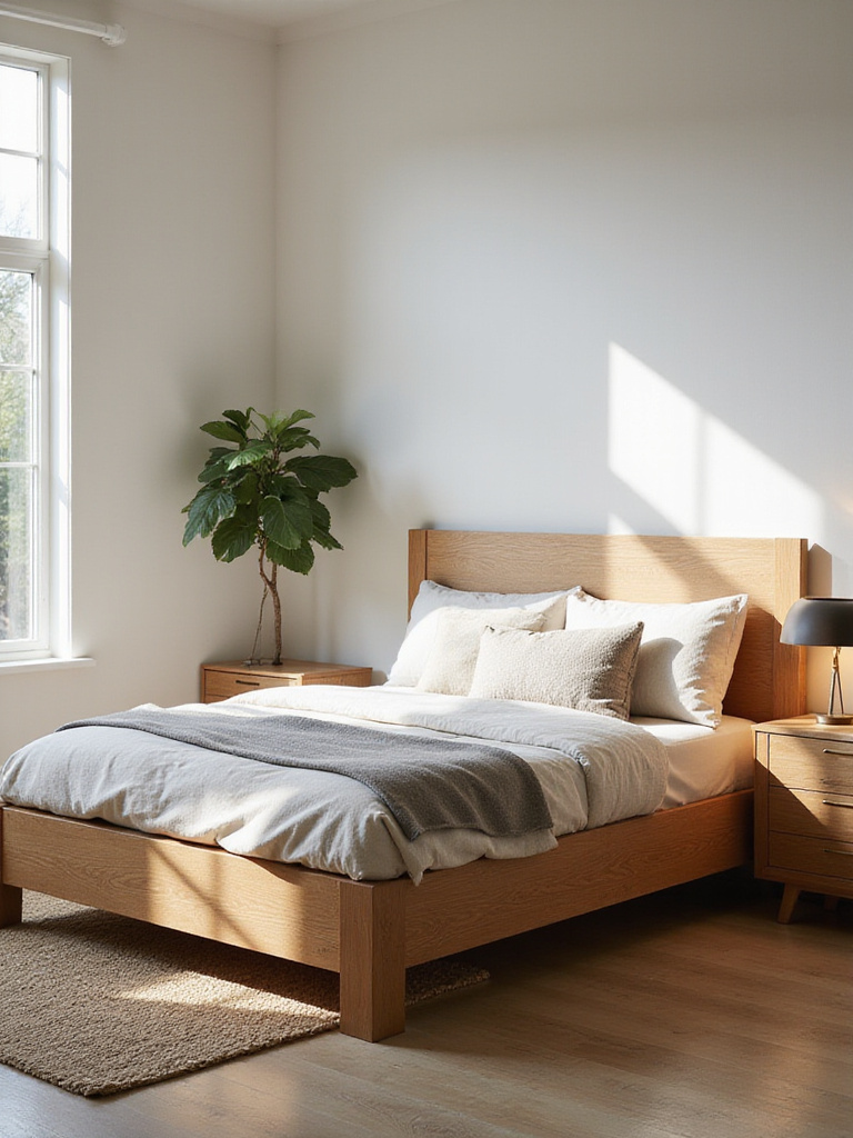 Vertical photo of a modern bedroom with solid-wood bed, matching nightstands and dresser highlighting durable, timeless furniture and natural textures