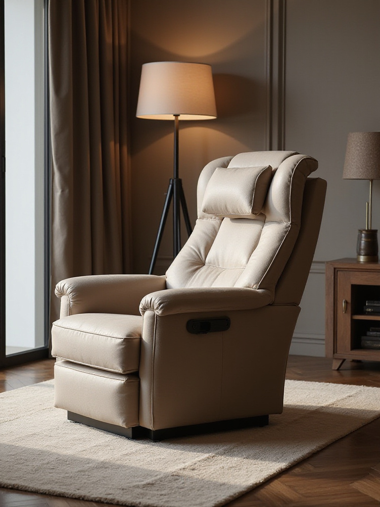 Luxurious ergonomic seating chair in an elegant living room with adjustable headrest and lumbar support