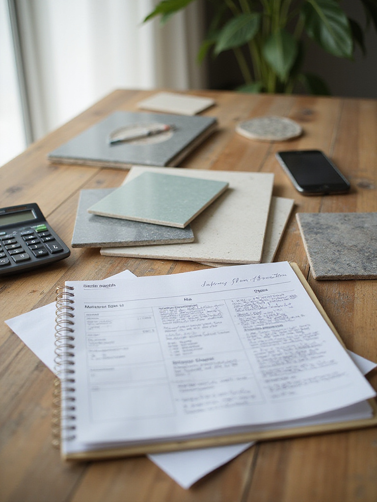 Close-up of kitchen backsplash budgeting workspace with tile samples, calculator, and budget notes