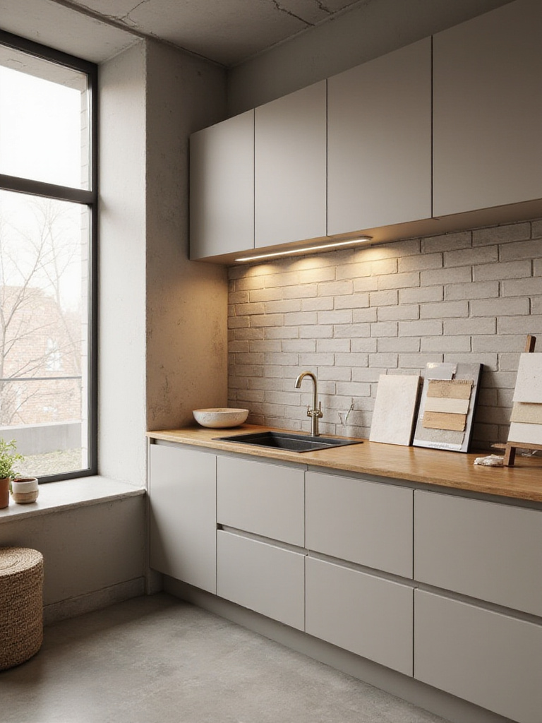 Portrait of a modern kitchen with tile swatches display illustrating budgeting for tile materials and installation